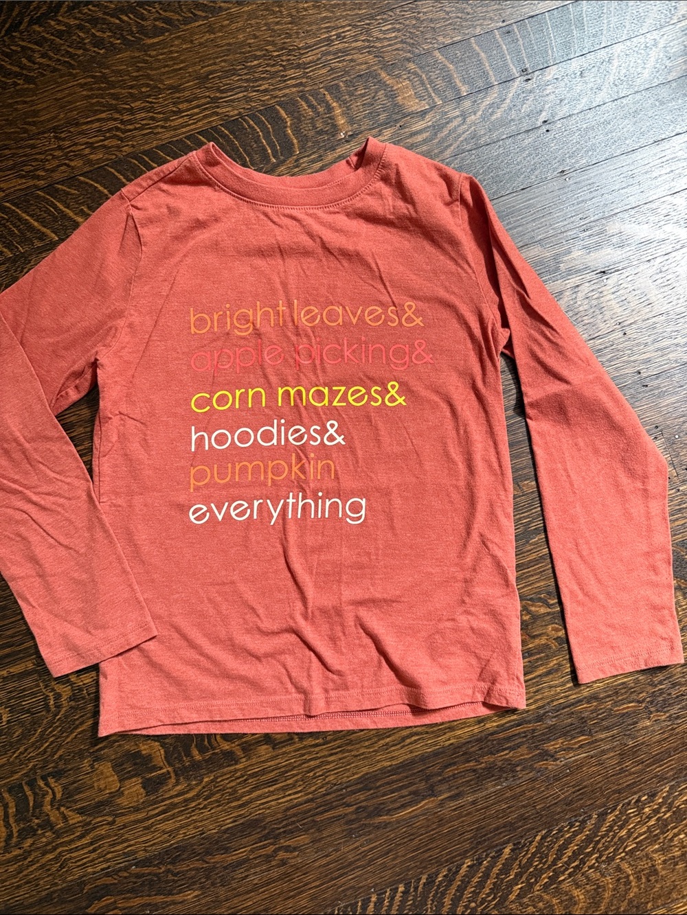 Cat & Jack Long Sleeve Graphic Tee in Rust Orange with Yellow and White Text